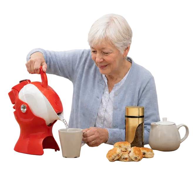 Woman in a kitchen pouring from a red teapot into a white mug.